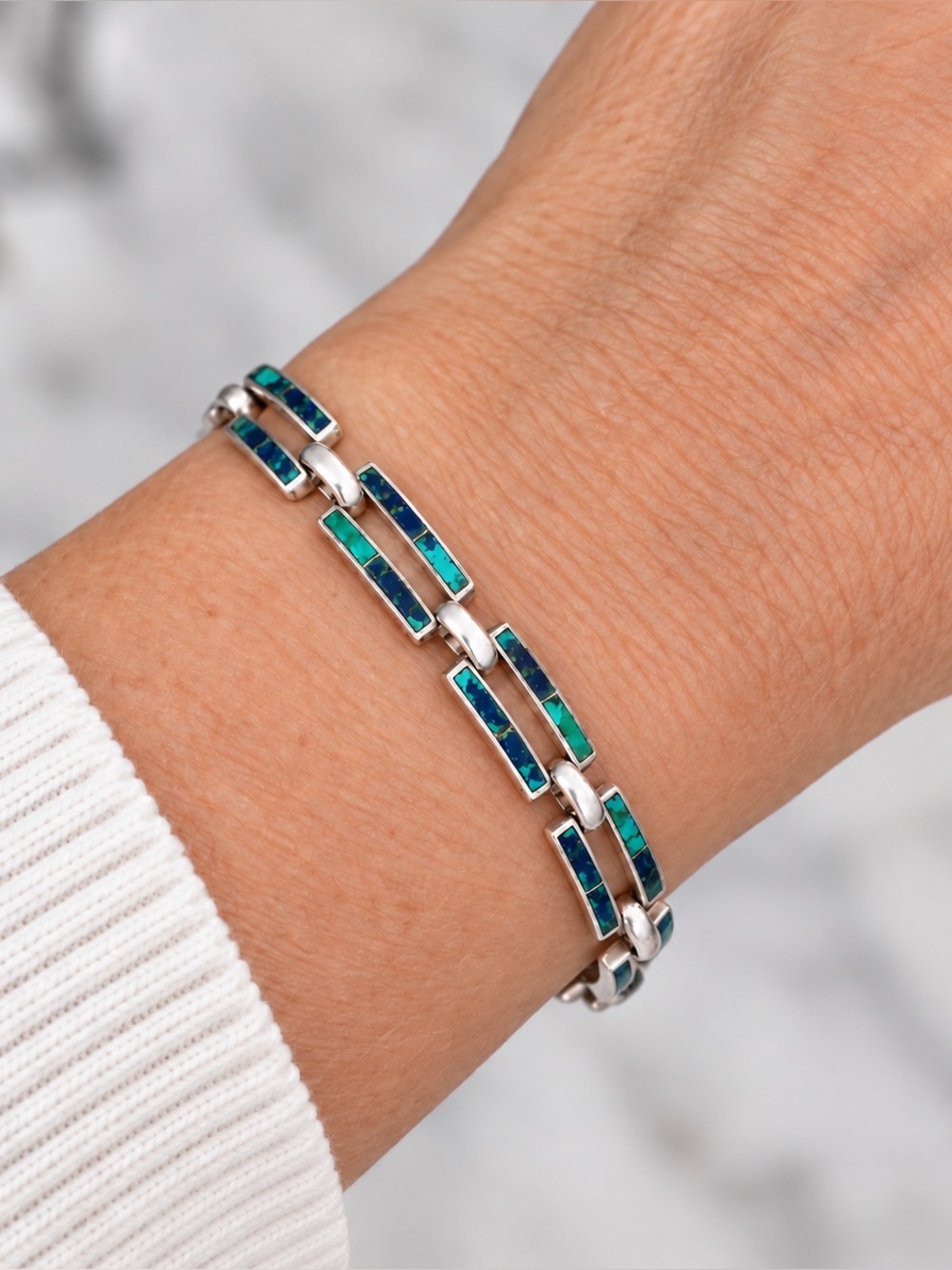 Vintage Sterling Silver Azurite Bracelet Geometric Links 15 Grams 7.5 inches